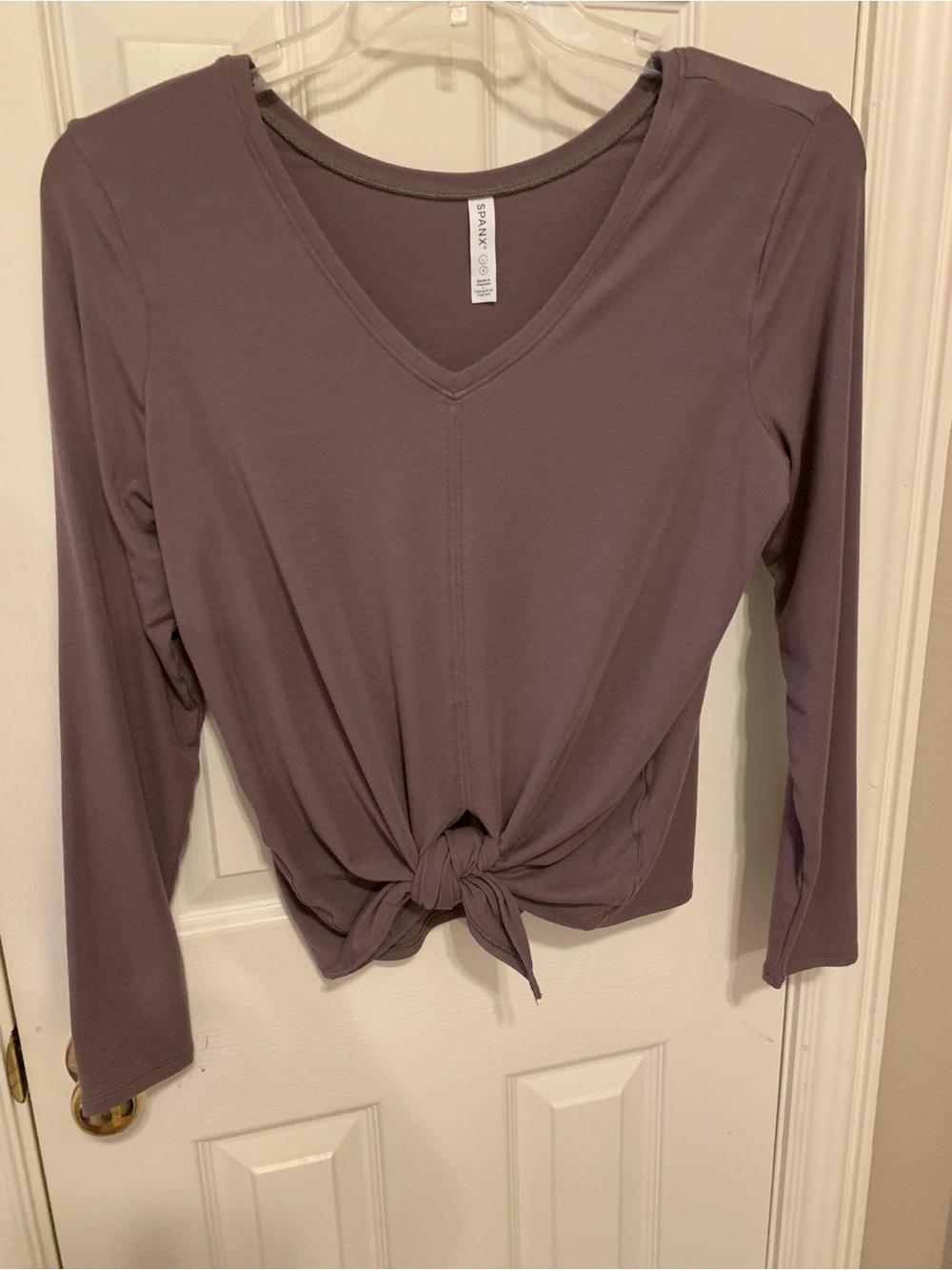 Spanx Better Base Long Sleeve Tie Back Top in the Color Smoke Large
